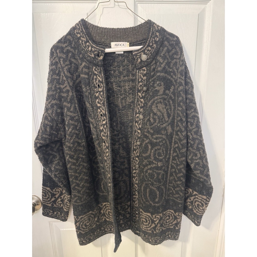 Avoca Womens S 91% Wool Long Cardigan Sweater Gray Tan Paisley Swirl Pattern